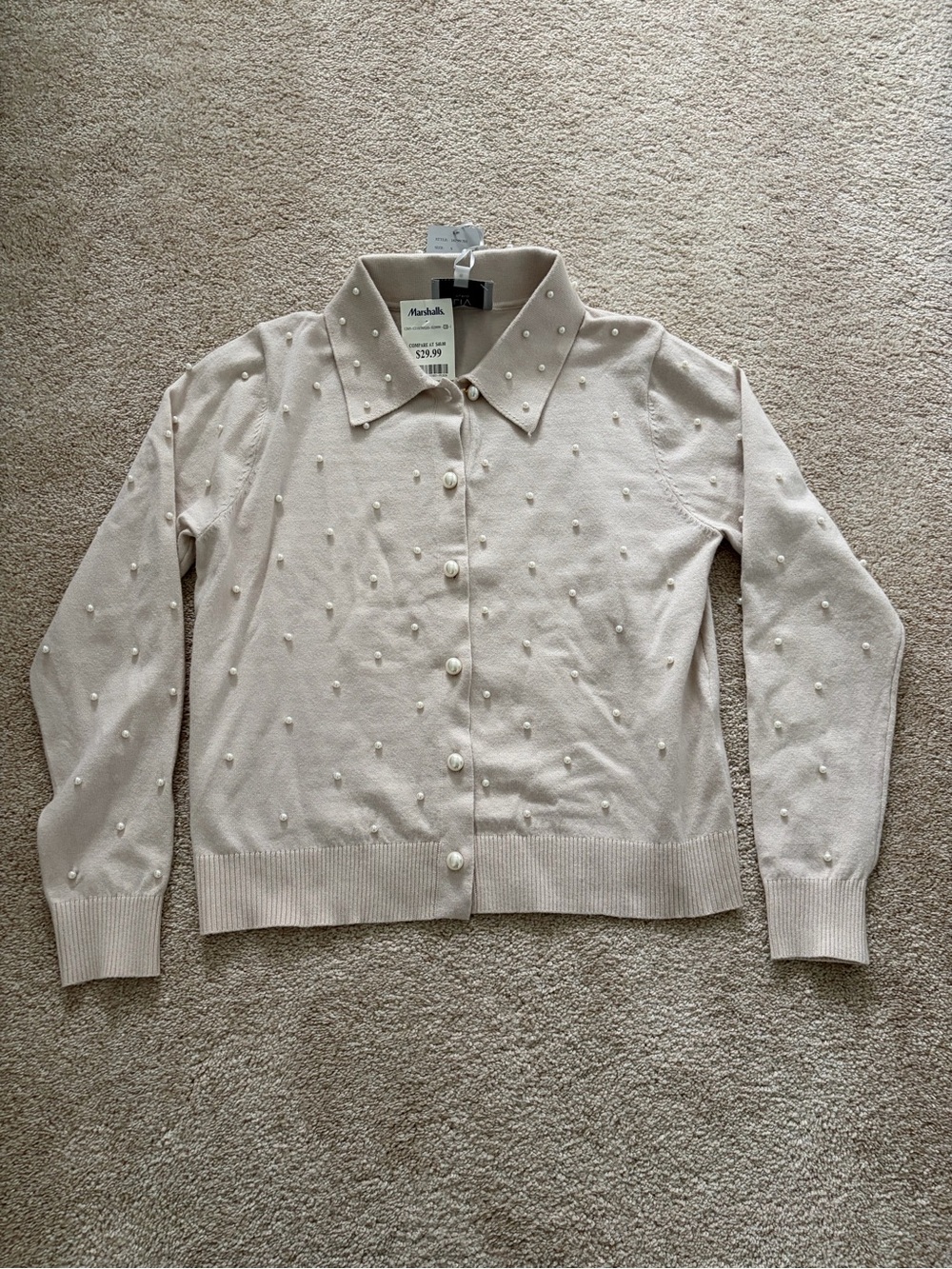 Milano Pearl-Embellished Button Collar Cardigan - Winter White